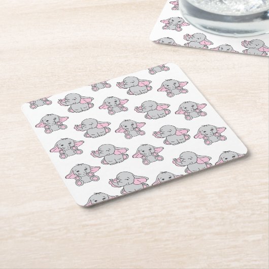 Roze handtekening Elephant Pattern Cartoon Kartonnen Onderzetters (Schuin)