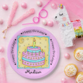 Roze Happy 1st Birthday Cake Name Persoonlijk Papieren Bordje (Feest)