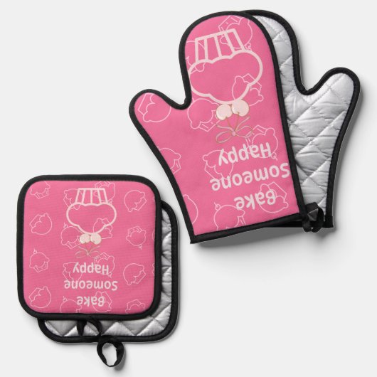 Roze Happy Baking Oven Mitt en Pot Houders Ovenwant & Pannenlap Set (Voorkant / Achterkant)