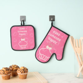 Roze Happy Baking Oven Mitt en Pot Houders Ovenwant & Pannenlap Set