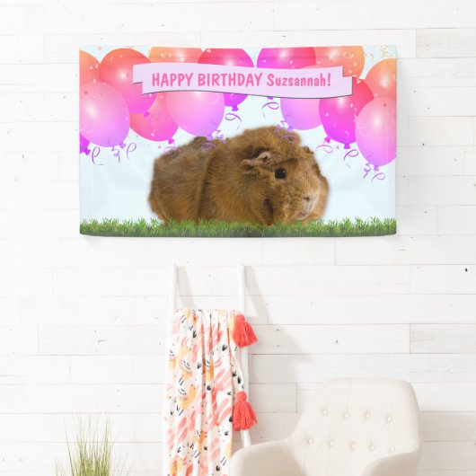 Roze Happy Birthday Balloons Ginger Guinea Pig Ba Spandoek (Insitu)