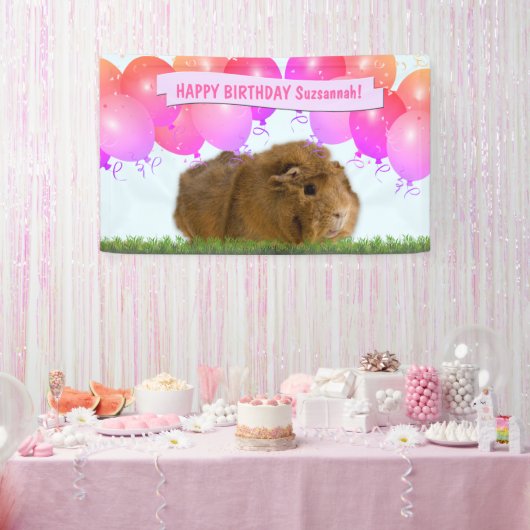 Roze Happy Birthday Balloons Ginger Guinea Pig Ba Spandoek (Feest)