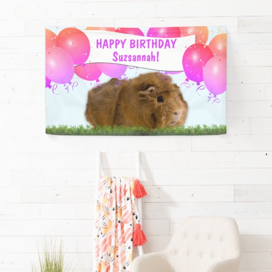 Roze Happy Birthday Balloons Ginger Guinea Pig Spandoek (Insitu)