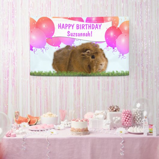 Roze Happy Birthday Balloons Ginger Guinea Pig Spandoek (Feest)