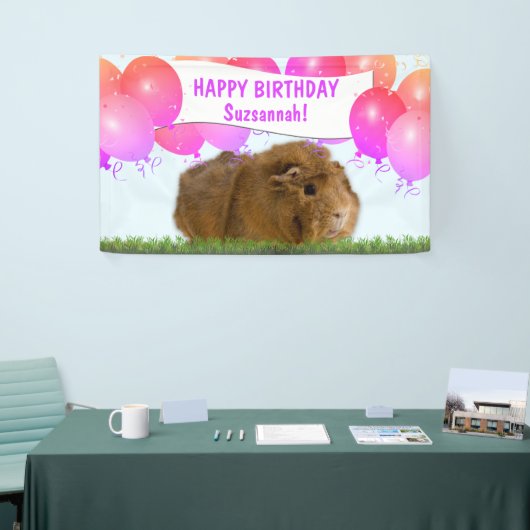 Roze Happy Birthday Balloons Ginger Guinea Pig Spandoek (Beurs)