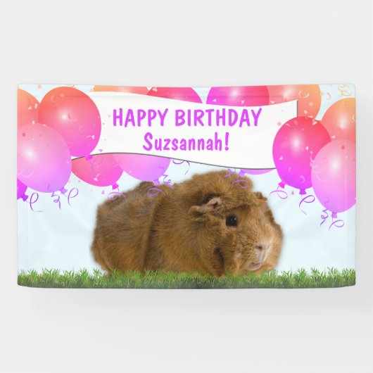 Roze Happy Birthday Balloons Ginger Guinea Pig Spandoek (Horizontaal)