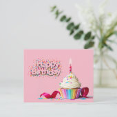 Roze Happy Birthday Cupcake Briefkaart (Staand voorkant)