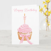 roze Happy Birthday Cupcake Verjaardag Kaart (Gele Bloem)