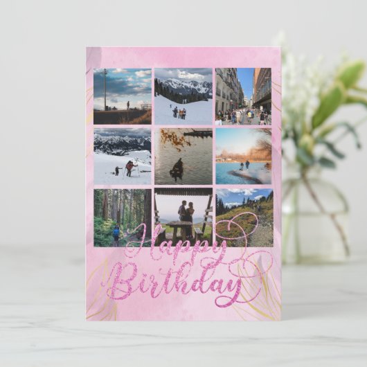 Roze Happy Birthday Custom Foto Flat Kaart (Staand voorkant)