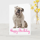 Roze Happy Birthday Engelse Bulldog Puppy Dog Kaar Kaart (Gele Bloem)