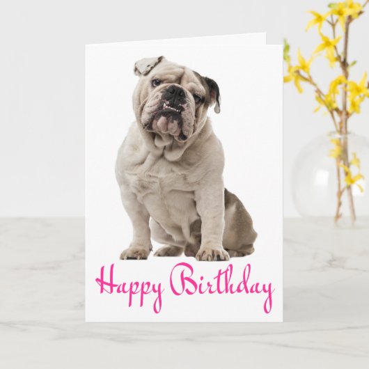 Roze Happy Birthday Engelse Bulldog Puppy Dog Kaar Kaart (Gele Bloem)