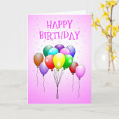 Roze Happy Birthday Kaart met kleurrijke ballonnen (Gele Bloem)