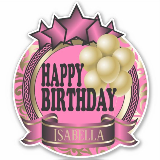 Roze Happy BIrthday - Naam toevoegen - Kiss-Cut Sticker (Voorkant)
