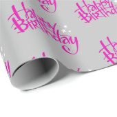Roze Happy Birthday op grijs Cadeaupapier (Rol Hoek)