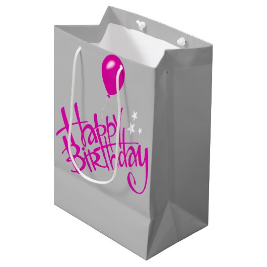 Roze Happy Birthday op grijs Medium Cadeauzakje (Voorkant Gekanteld)