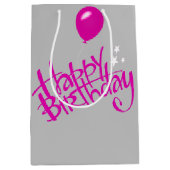 Roze Happy Birthday op grijs Medium Cadeauzakje (Voorkant)