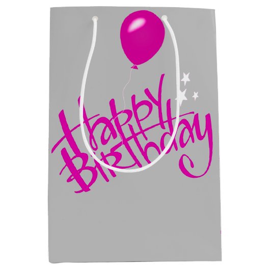 Roze Happy Birthday op grijs Medium Cadeauzakje (Voorkant)