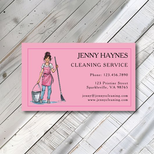 Roze Happy Bright Clean Cleaning Lady Services Visitekaartje