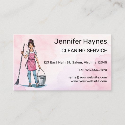 Roze Happy Bright Clean Cleaning Lady Services Visitekaartje (Voorkant)