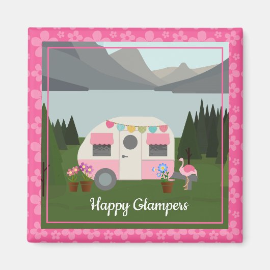 Roze Happy Camper Glampers Magnet (Voorkant)