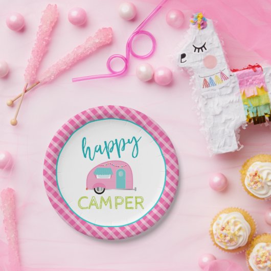 Roze Happy Camper Paper-Borden Papieren Bordje (Feest)