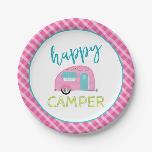 Roze Happy Camper Paper-Borden Papieren Bordje (Voorkant)