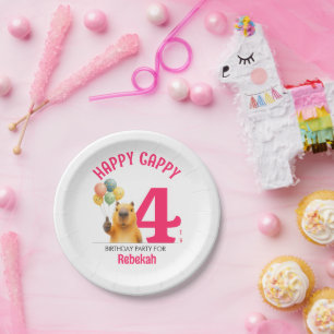 Roze HAPPY CAPPY Aangepaste Capybara 4de verjaarda Papieren Bordje