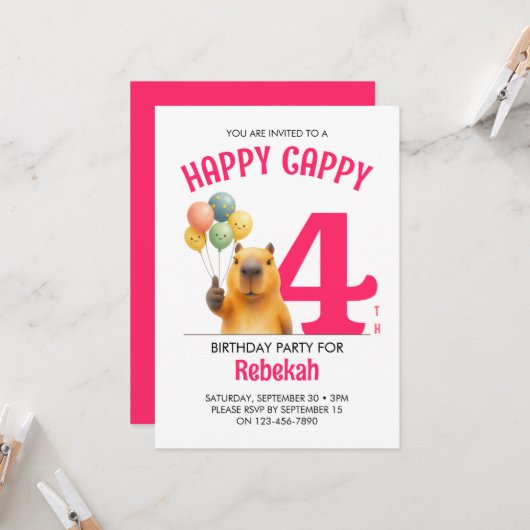Roze HAPPY CAPPY Aangepaste Capybara 4e Verjaardag Kaart (Voorkant / Achterkant in situ)