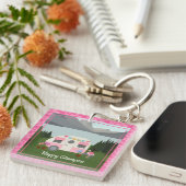 Roze Happy Glamper Campers Acrylische Sleutelhange Sleutelhanger (Voorkant Rechts)