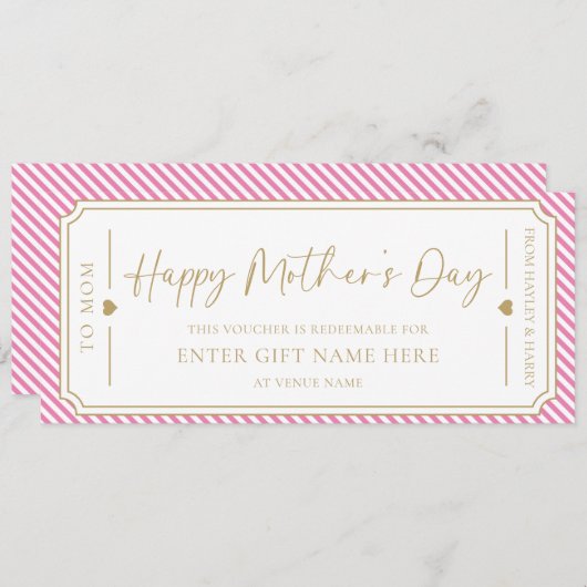 Roze Happy Moederdag Cadeaubon Kaart (Voorkant / Achterkant)