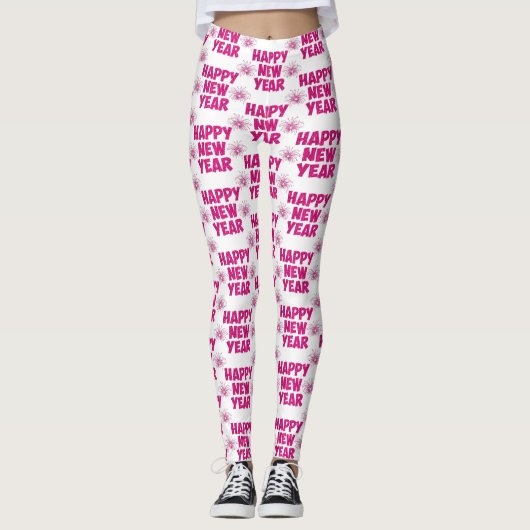 roze happy new year vuurwerk leggings (Voorkant)