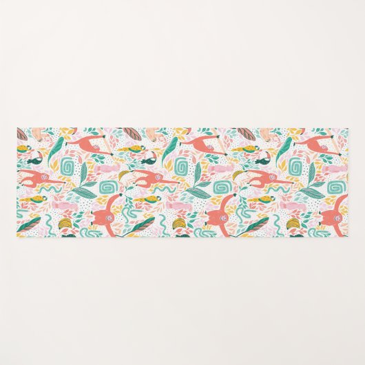 Roze Happy Oerwoud Dierenpatroon & Tropische blade Yogamat (Voorkant (horizontaal))