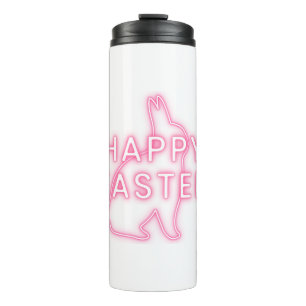 Roze happy paasbord met bunny neon light trans thermosbeker