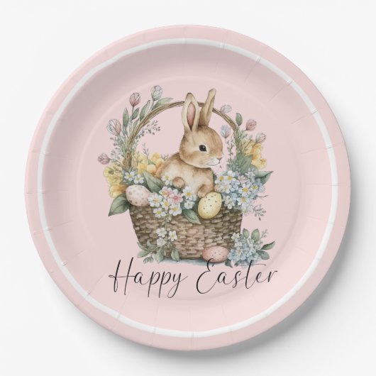 Roze Happy Paaster Bunny Papieren Bordje (Voorkant)