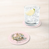 Roze Happy Paaster Bunny Ronde Kartonnen Onderzetter (Insitu)