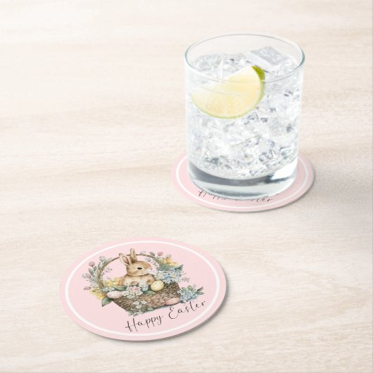 Roze Happy Paaster Bunny Ronde Kartonnen Onderzetter (Insitu)