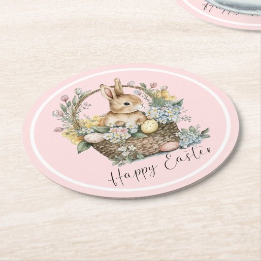 Roze Happy Paaster Bunny Ronde Kartonnen Onderzetter (Gebogen)