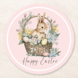 Roze Happy Paaster Bunny Ronde Kartonnen Onderzetter