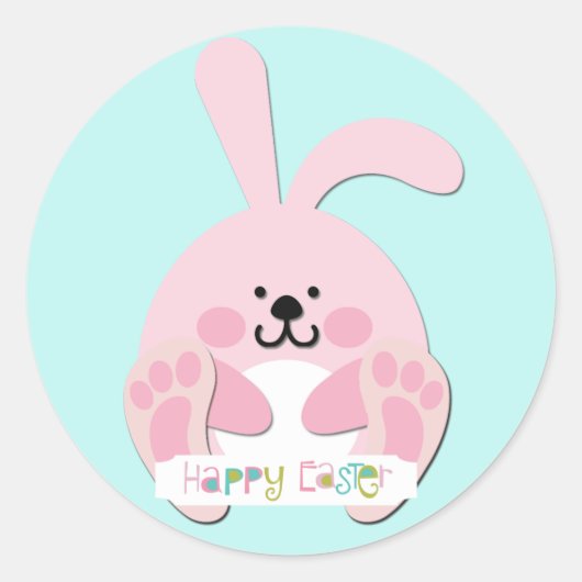 Roze Happy Paaster Bunny Ronde Sticker (Voorkant)