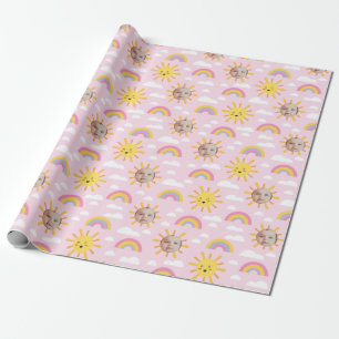 Roze Happy Sun en Sky Custom Photo Wrapping Paper Cadeaupapier