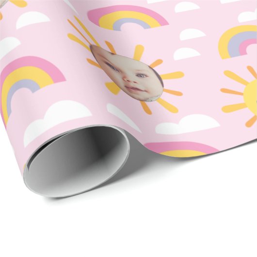 Roze Happy Sun en Sky Custom Photo Wrapping Paper Cadeaupapier (Rol Hoek)
