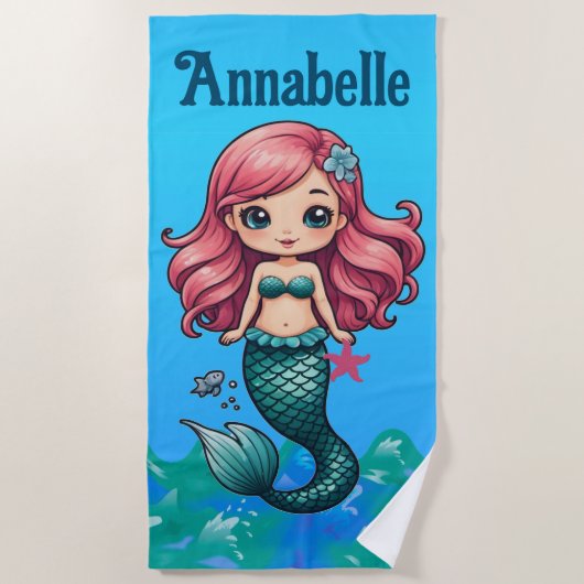  Roze-harige Zeemeermin Personaliseren Strandlaken (Voorkant)