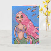 Roze-harige Zeemeermin & Vissen - wenskaart Kaart (Gele Bloem)