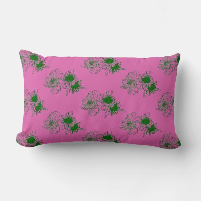 “Roze harmonie – kussen met groen chrysantenpatroo (Voorkant)