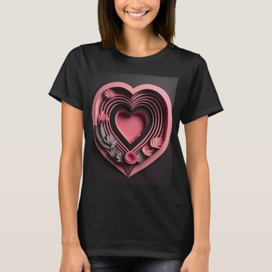 Roze Hart 3D Papier Kunst Design T-shirt (Voorkant)
