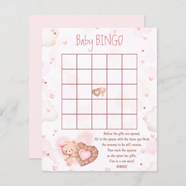 Roze Hart Baby Bingo Meisje Baby shower Game (Voorkant / Achterkant)