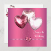 Roze Hart Ballonnen Meisjes 1e Verjaardagsfeest Kaart (Voorkant / Achterkant)