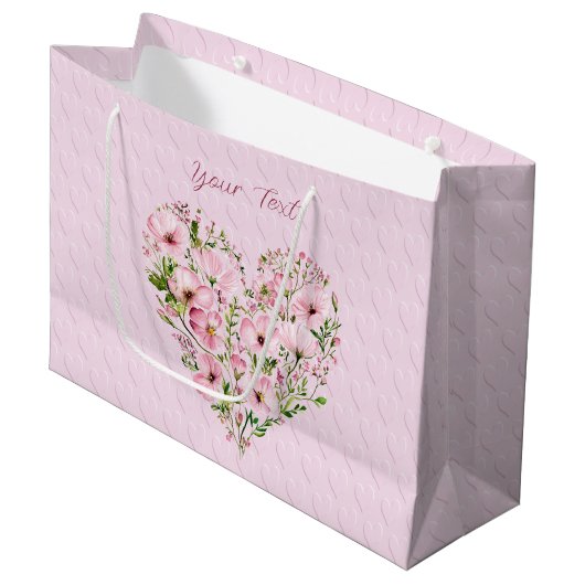 Roze Hart Bloemen Geschenktas Groot Cadeauzakje (Voorkant Gekanteld)