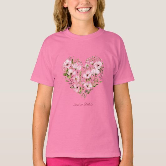 Roze Hart Bloemen Meisje T-shirt (Voorkant)
