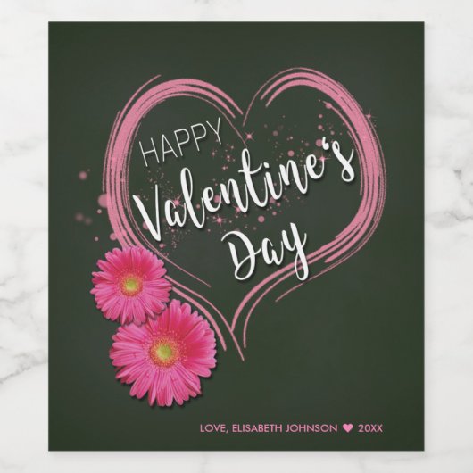 Roze Hart Bloemen Valentijnsdag - Wijnlabel Wijn Etiket (Enkel label)